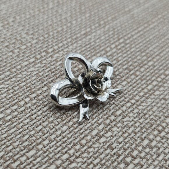 Sterling Silver Flower And Bow Pin Brooch A4300 - Picture 2 of 6